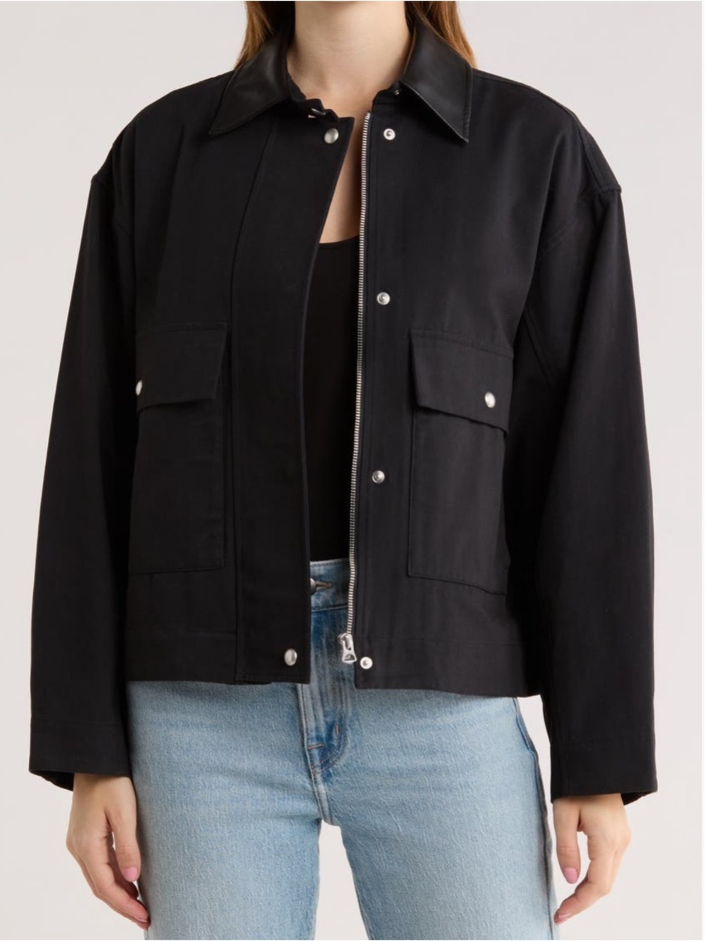 rag & bone Black Utility Jacket with Front Flap Pockets faux leather collar NEW